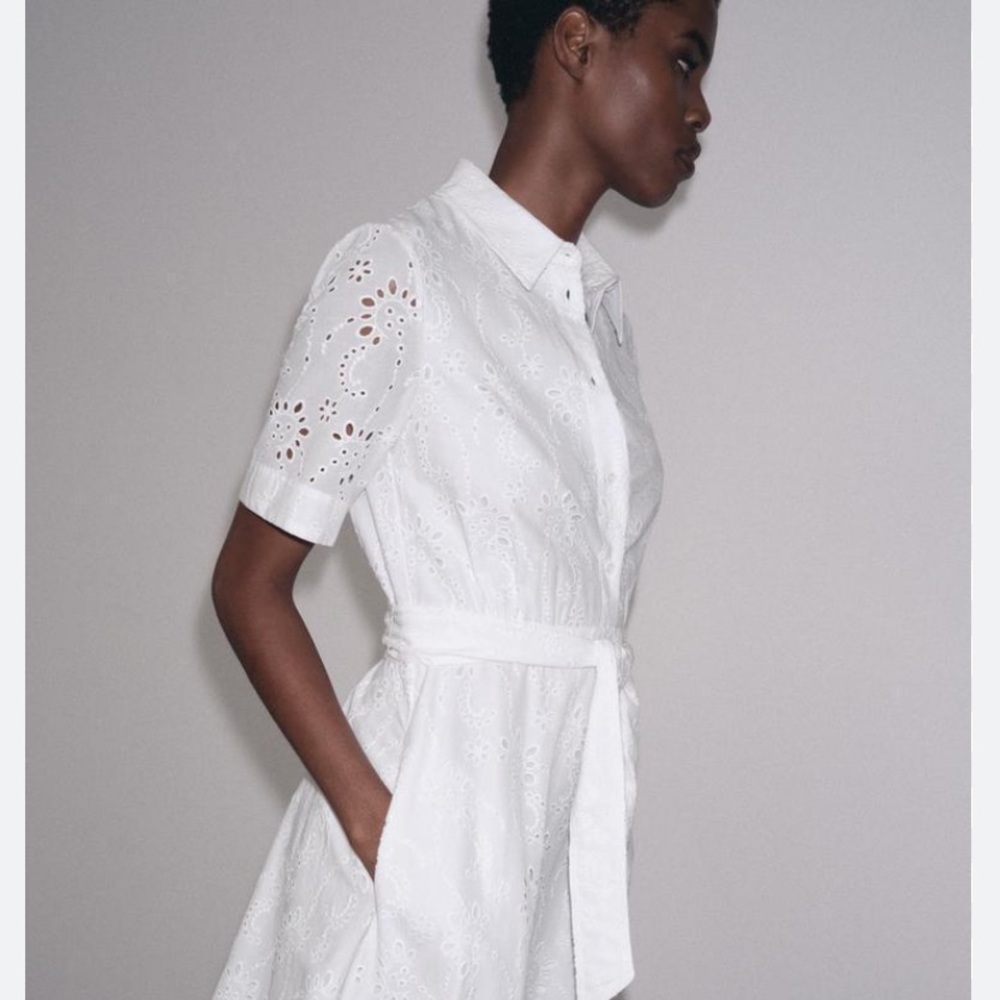 Zara NWT ZW Collection white embroidered belted midi dress short sleeve 8223/087 - Picture 6 of 8